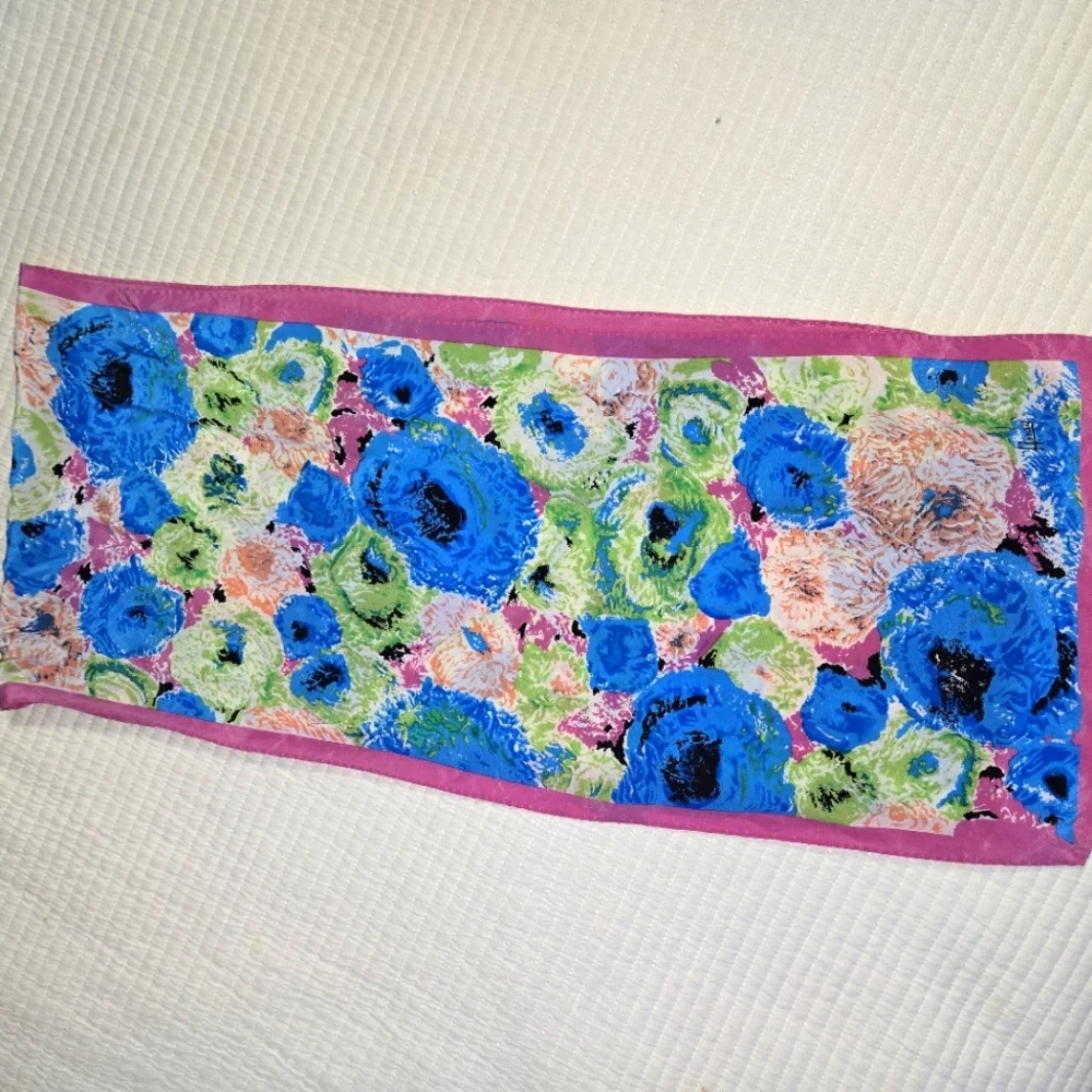 Vintage Honey Floral Patterned Scarf with Pink Border - Picture 1 of 5